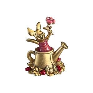 Vintage Disney Piglet Brooch Watering Can Gardening Floral Flower Brushed Gold